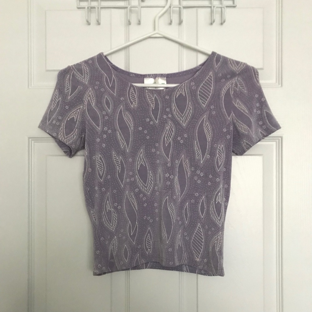 Vintage Green Box Paisley Floral Purple Top XS/S Fit Short Sleeve Round Neckline